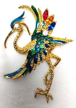 Flamingo Bird Brooch Pin Rhinestone Multicolor Enamel Statement Figural